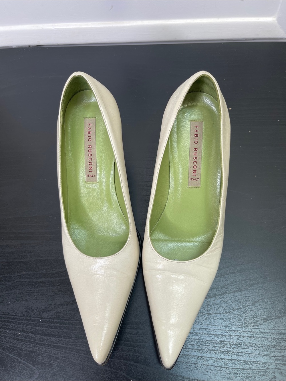 Fabio Rusconi Italian Ivory Pointed Toe Kitten Heels Black Heel Sz 6 36.5 $495